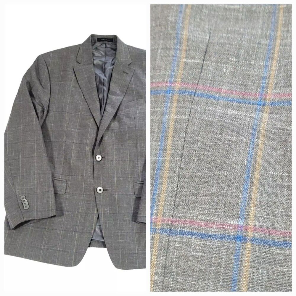 Austin Reed Silk Linen Blend Sport Coat 42R‎ Windowpane Gray Plaid Light Blazer